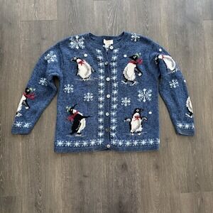 VTG Talbots Blue Hand Knit Cardigan Penguin Linen Blend Sweater Sz M Grandma 90s